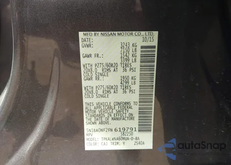 2015 Nissan Armada Platinum из США, поврежденный, VIN 5N1BA0NF2FN619791